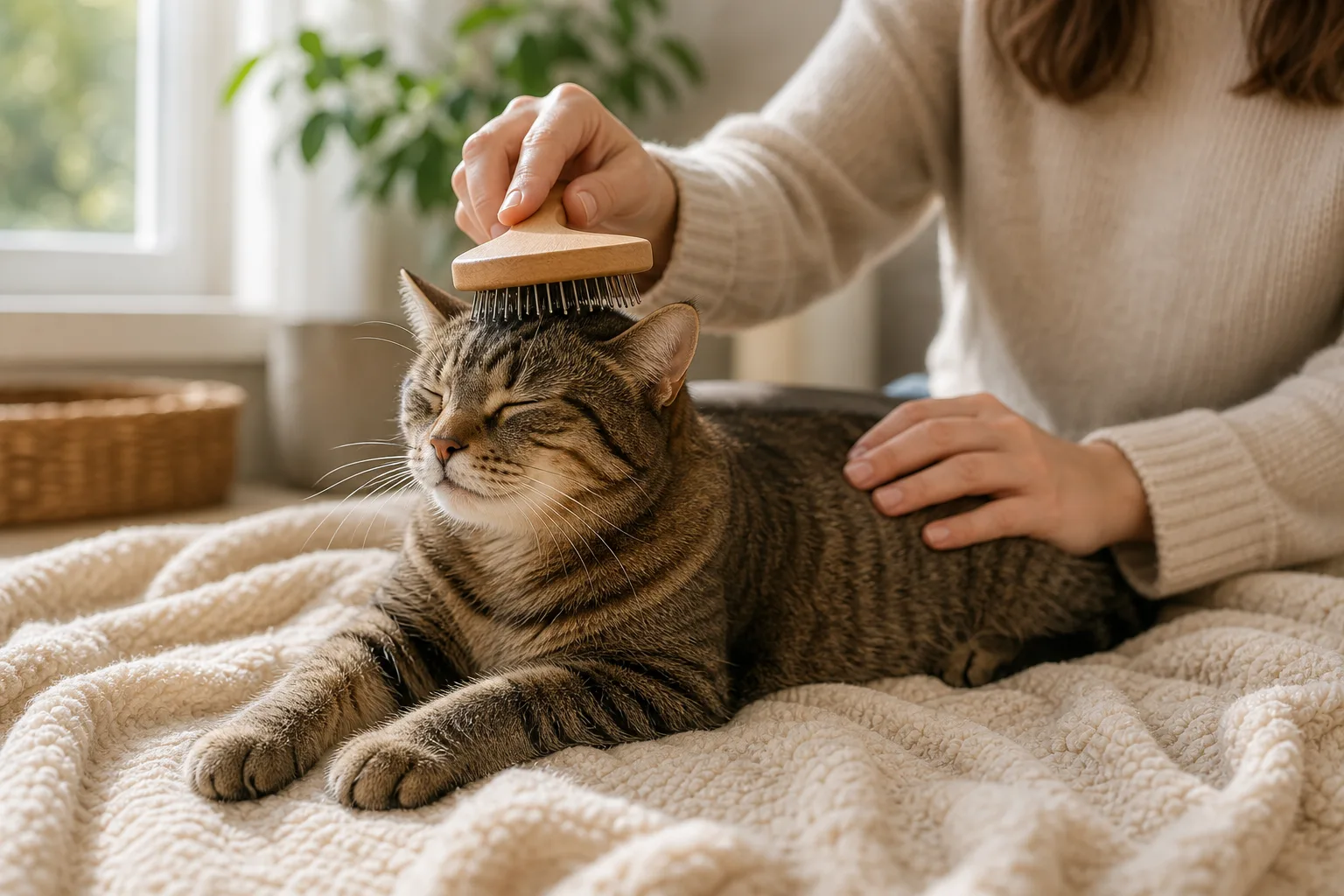 Premium editorial image for cat grooming basics: brushing, nails, teeth, and coat checks featuring a calico Persian adult cat