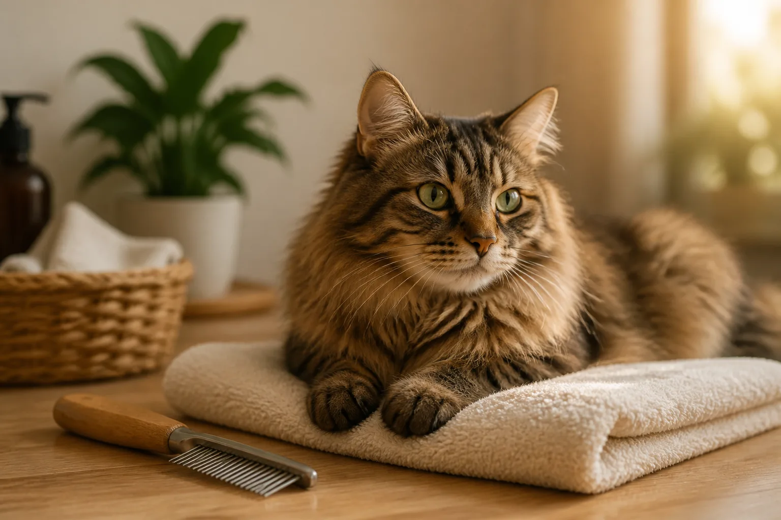Premium editorial image for cat hairballs and vomiting: what is common and when to worry featuring a long-haired cream adult cat