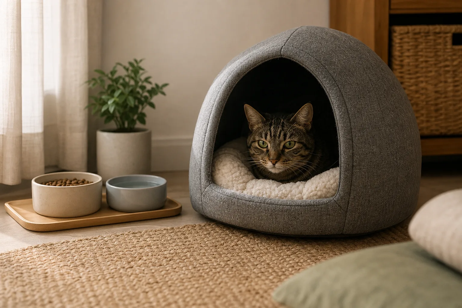 Premium editorial image for cat hiding after adoption: what helps and what makes it worse featuring a small brown tabby kitten