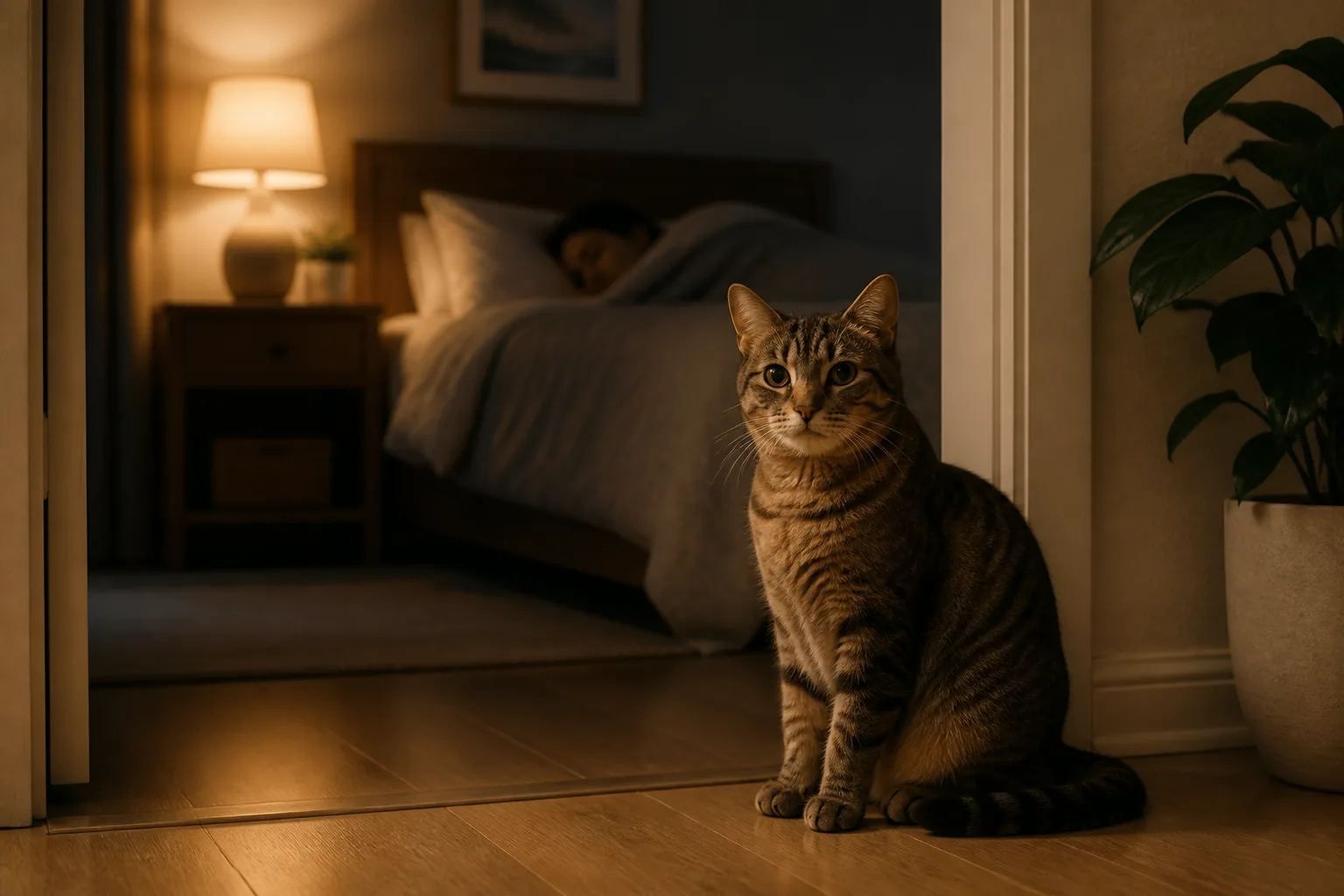 Premium editorial image for cat meowing at night: calm fixes that respect the cat featuring a black domestic shorthair adult cat