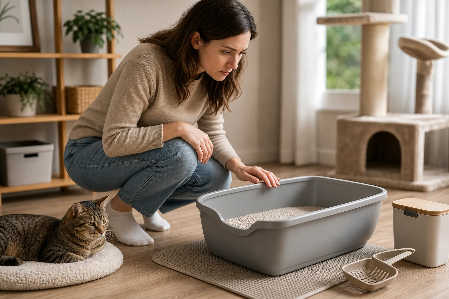 Premium editorial image for cat peeing outside the litter box: what to check first featuring a gray tabby senior cat