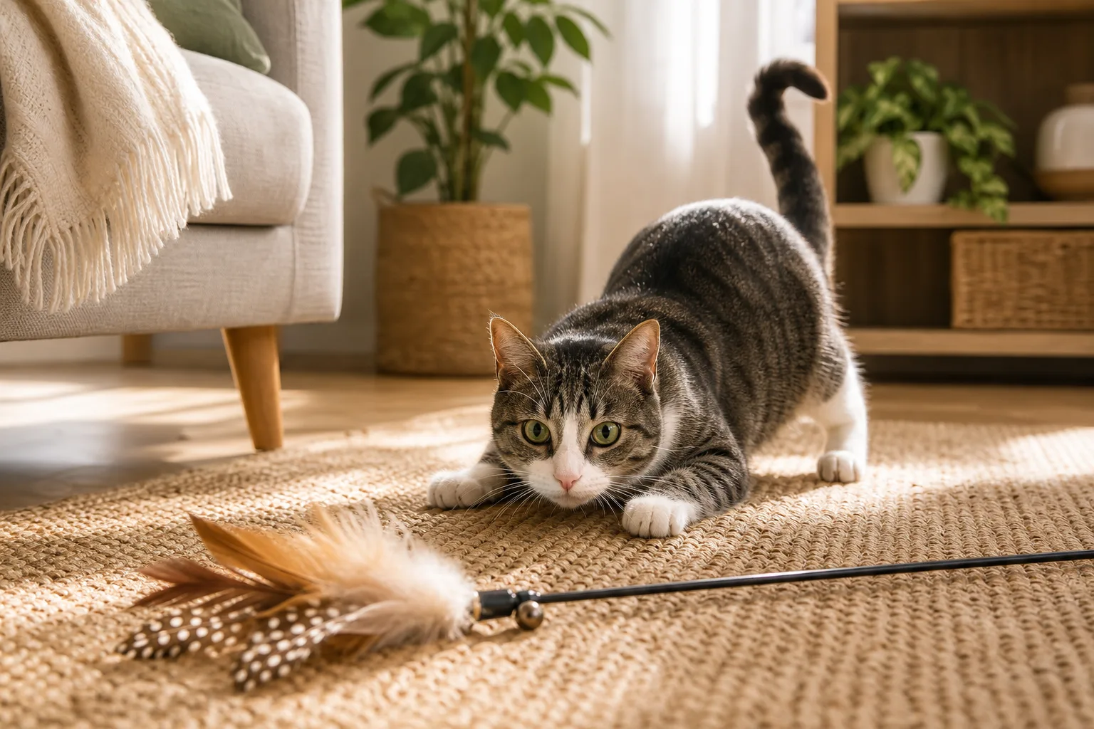 Premium editorial image for how to build a daily play routine your cat actually uses featuring a spotted Bengal kitten