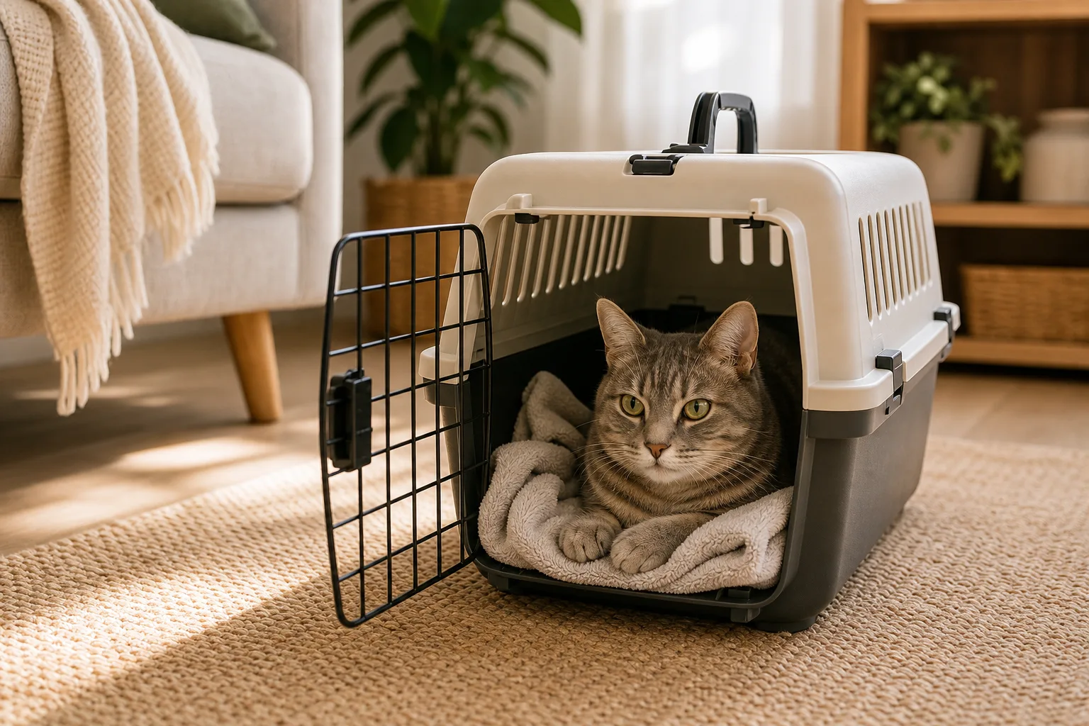 Premium editorial image for how to choose a cat carrier and practice before vet day featuring a flame point Siamese adult cat
