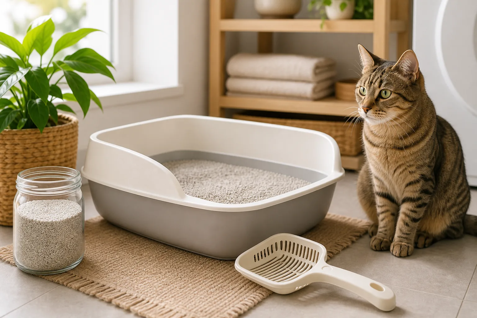 Premium editorial image for how to clean a litter box: a realistic routine cats appreciate featuring a gray-and-white domestic shorthair adult cat