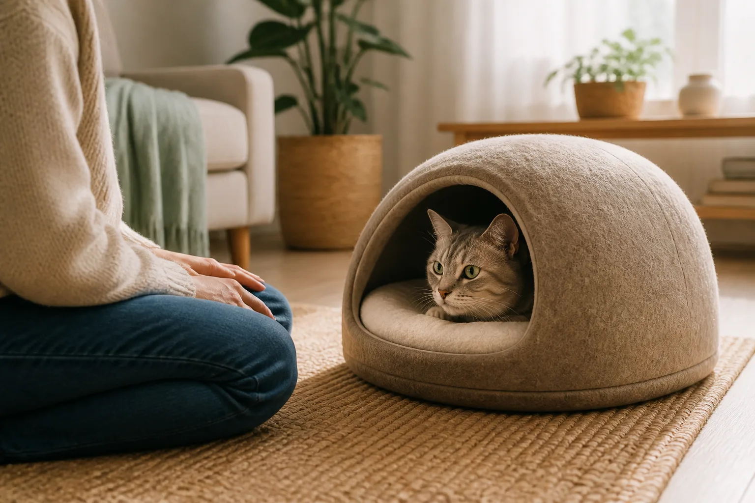 Premium editorial image for how to help a shy cat settle in without pushing too hard featuring a dilute calico adult cat