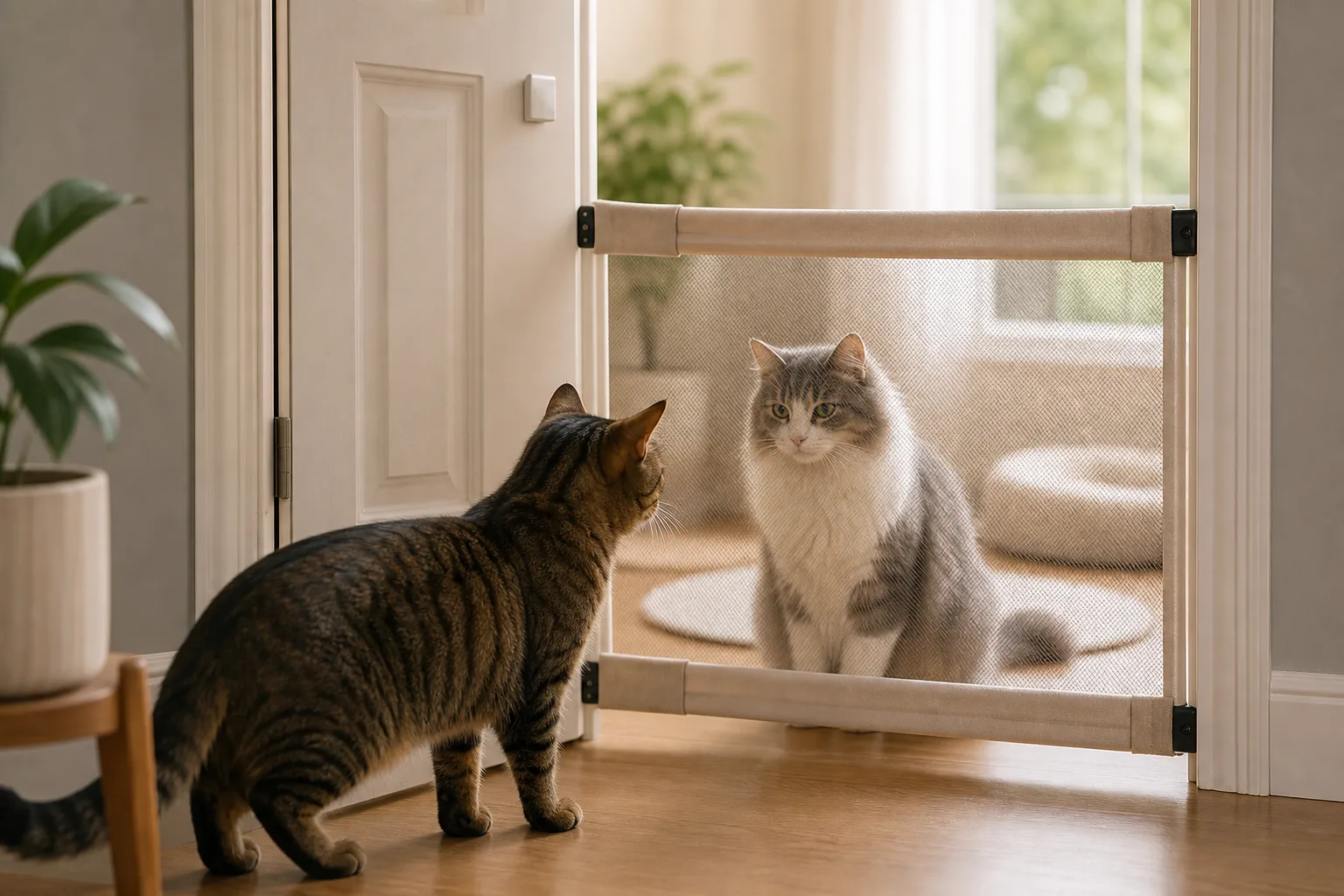 Premium editorial image for how to introduce two cats slowly and kindly featuring a orange tabby kitten and gray adult domestic shorthair cat