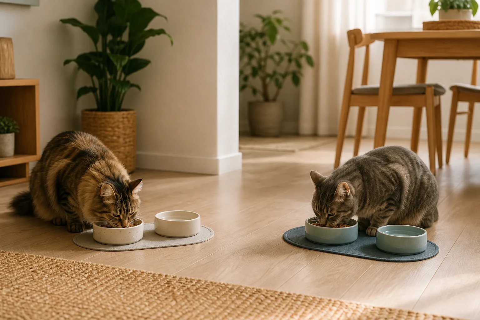 Premium editorial image for how to manage multi-cat feeding without mealtime tension featuring a Siberian adult cat and tuxedo kitten