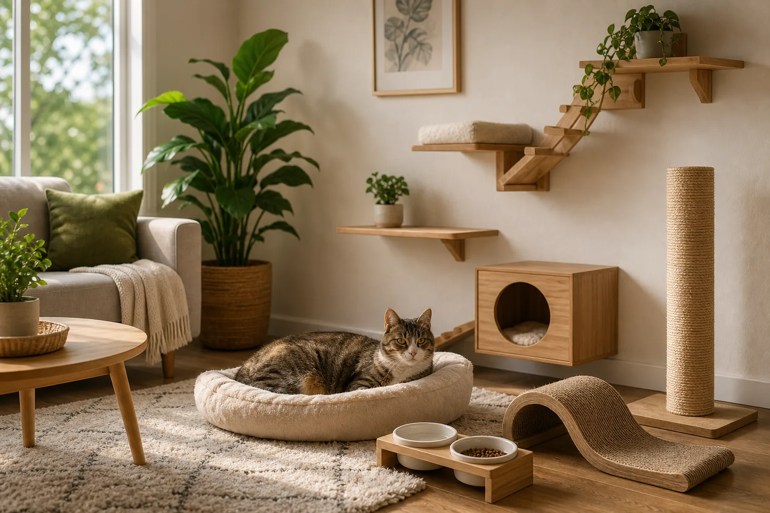 Premium editorial image for how to set up a cat-friendly home without overcomplicating it featuring a orange Maine Coon adult cat