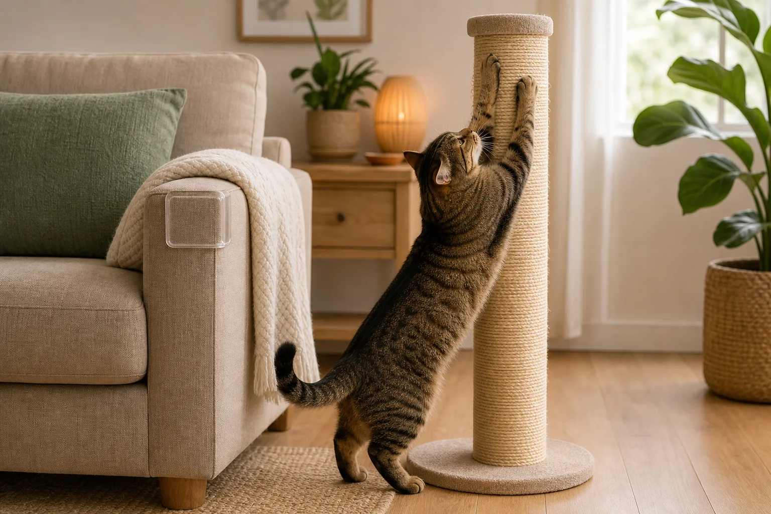 Premium editorial image for how to stop furniture scratching kindly: redirect, protect, and reward featuring a brown mackerel tabby adult cat