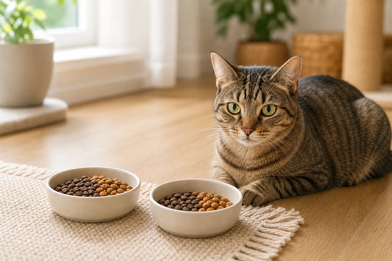 Premium editorial image for how to transition cat food without upsetting the routine featuring a black Bombay adult cat