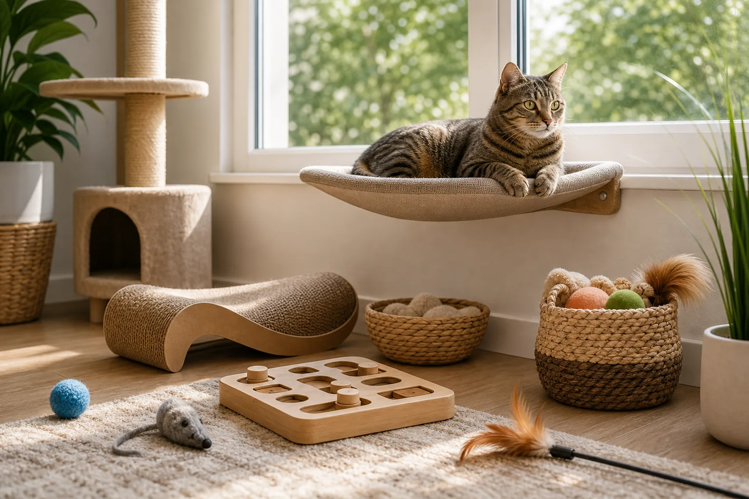 Premium editorial image for indoor cat enrichment basics: play, climbing, scratching, and choice featuring a brown Bengal adult cat