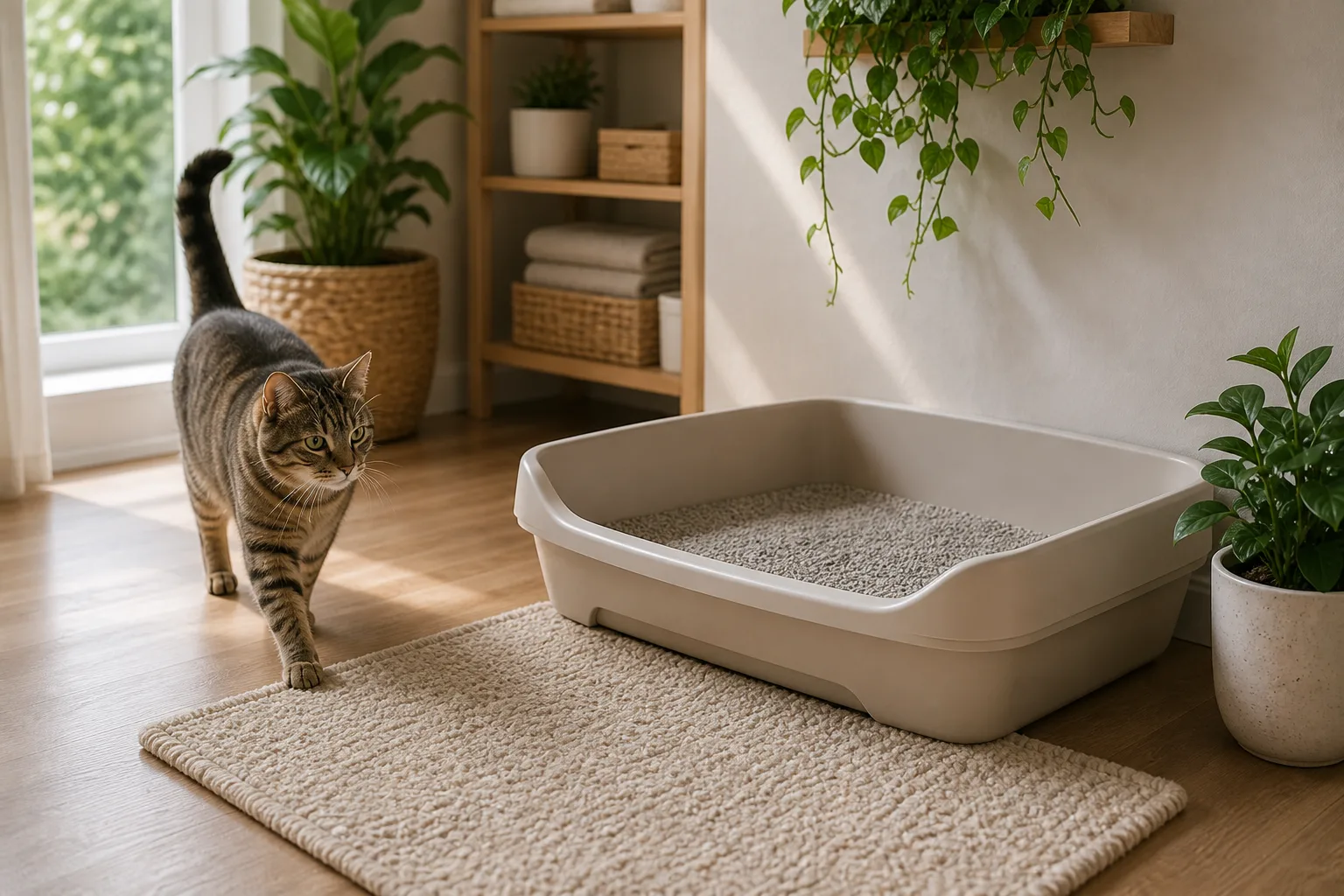 Premium editorial image for litter box setup 101: boxes, litter, placement, and cleaning featuring a black-and-white tuxedo adult cat