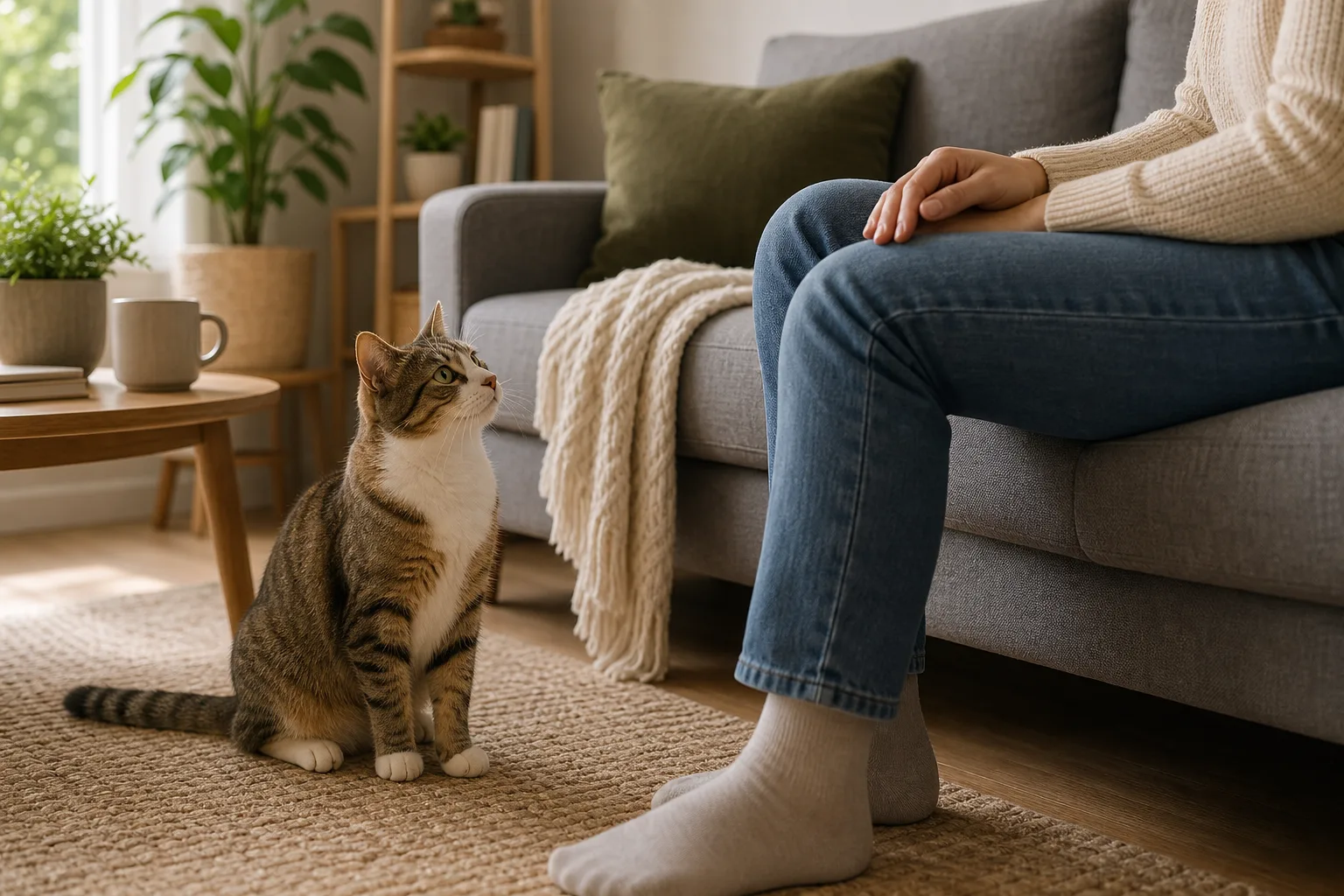 Premium editorial image for understanding cat body language: ears, tail, eyes, and distance featuring a blue-gray Russian Blue adult cat