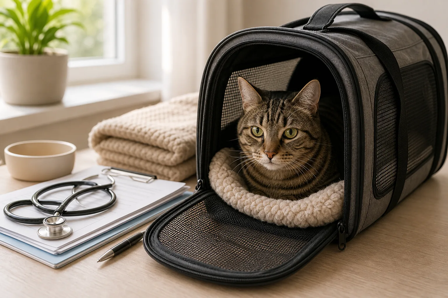 Premium editorial image for vet care basics for new cat owners: visits, records, and red flags featuring a white domestic longhair adult cat