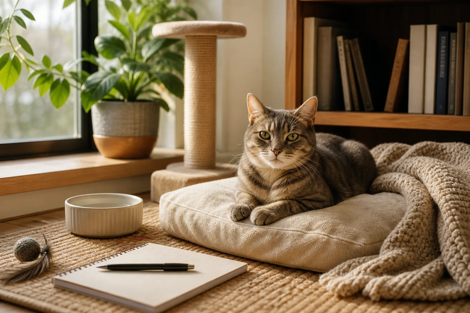 A relaxed silver tabby cat in a warm editorial home scene with cat-care essentials