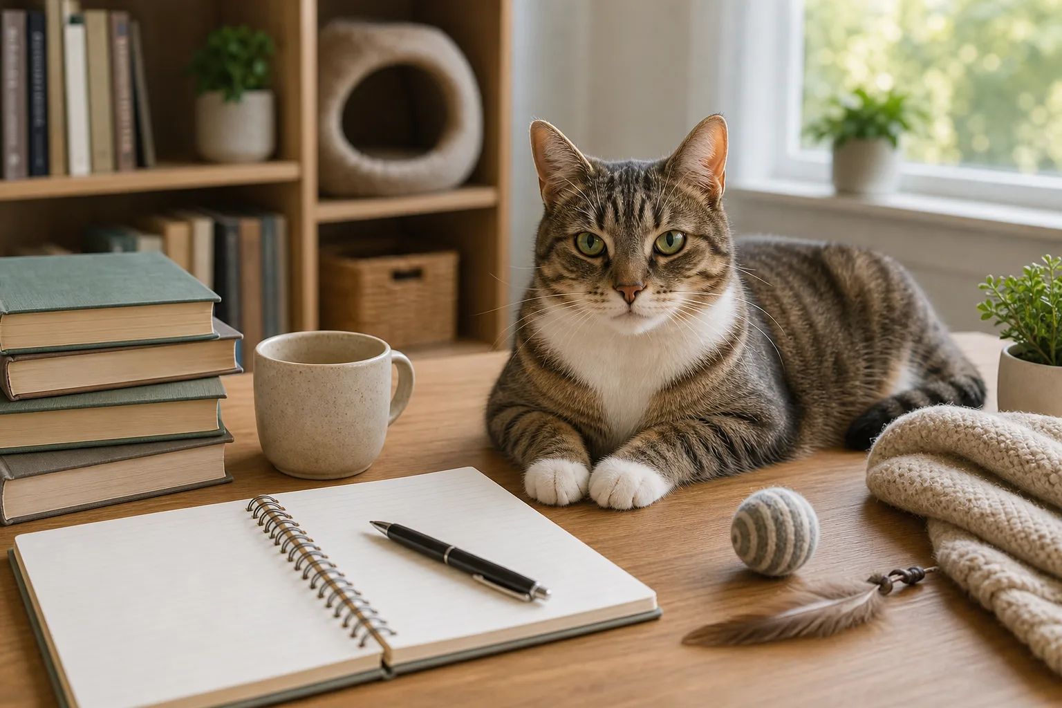 Editorial cat care resource desk with a cream British Shorthair kitten